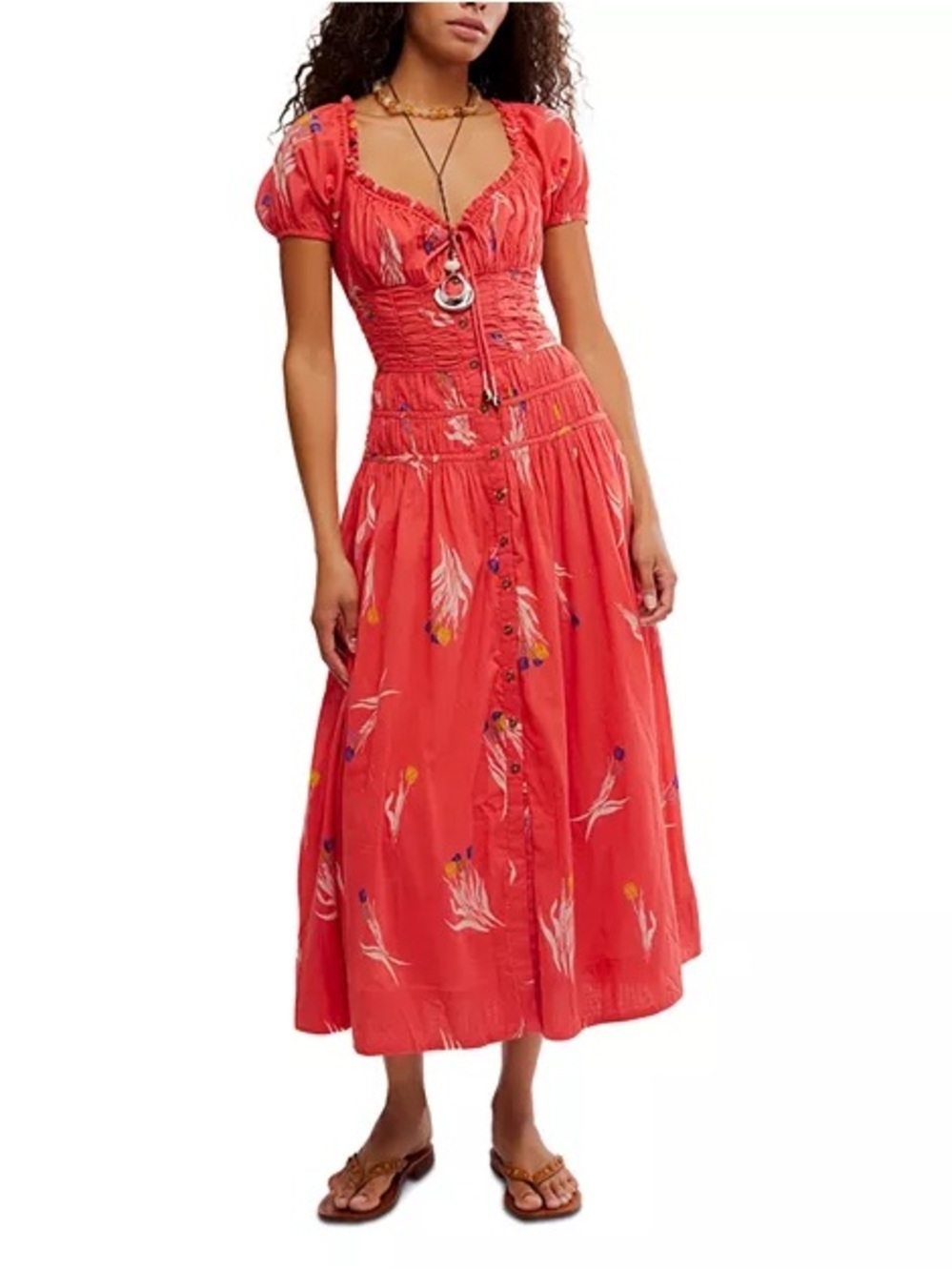 Free People Complete Me Midi Dress | Coral Botanical Print | Size Small